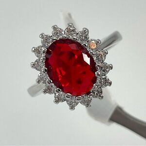 Beautiful Oval Cut Halo Red Ruby Diamond CZ Silver Plated Statement Ring